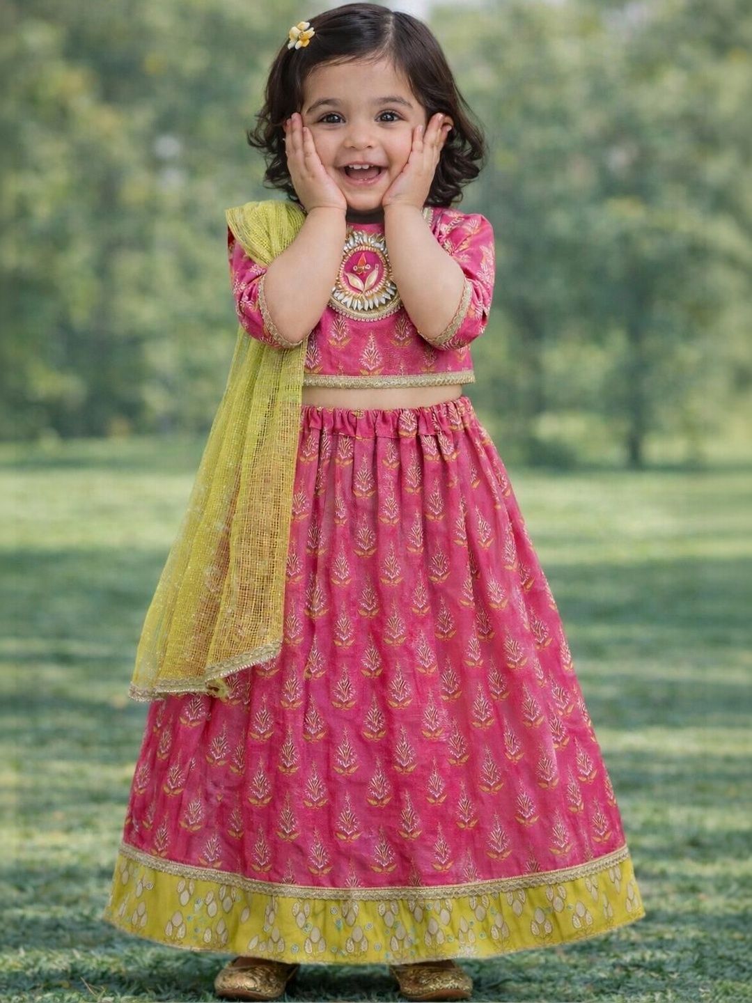 Pspeaches Baby Girls Pink Booti Cotton Lehenga Choli Dupatta Set