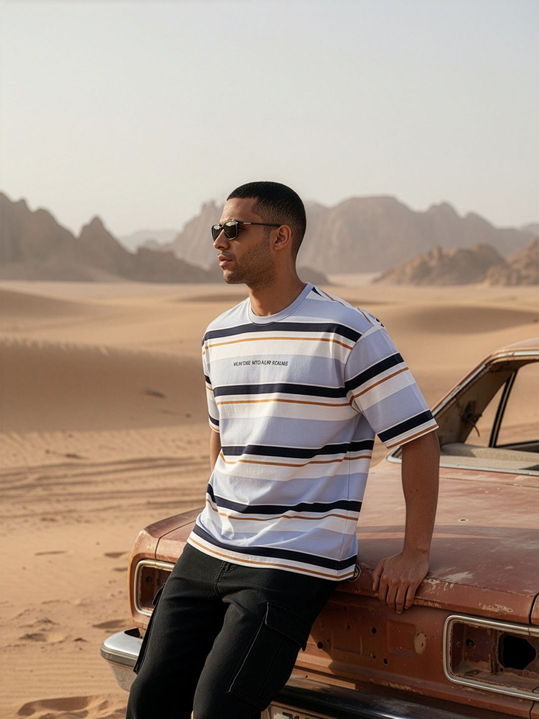 The Roadster Life Co. Striped Drop-Shoulder Sleeves Relaxed T-shirt