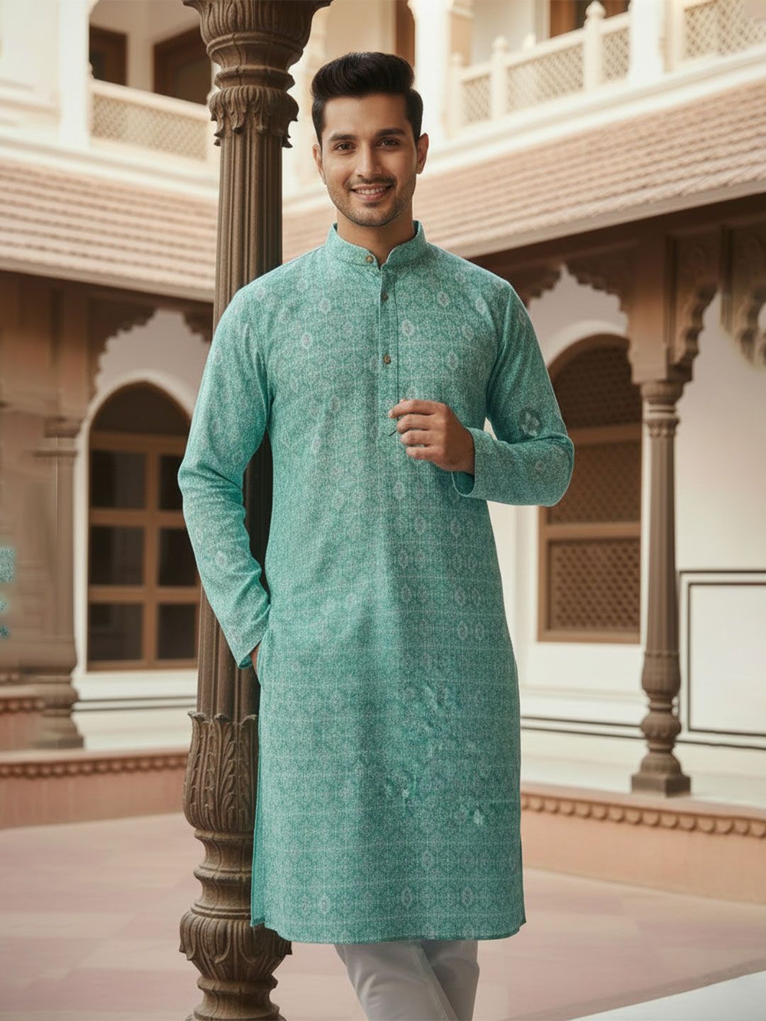 House of Pataudi Embroidered Cotton Mandarin Collar Knee Length Straight Kurta