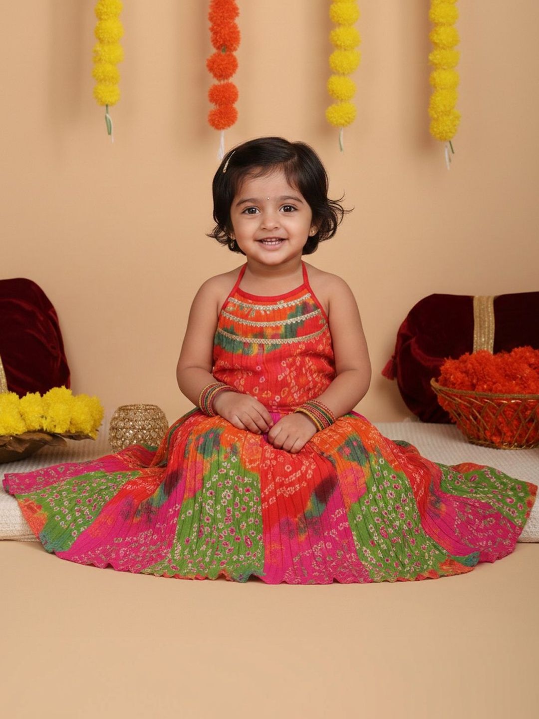Sangria Girls Printed Cotton Round Neck Flared Lehenga Choli