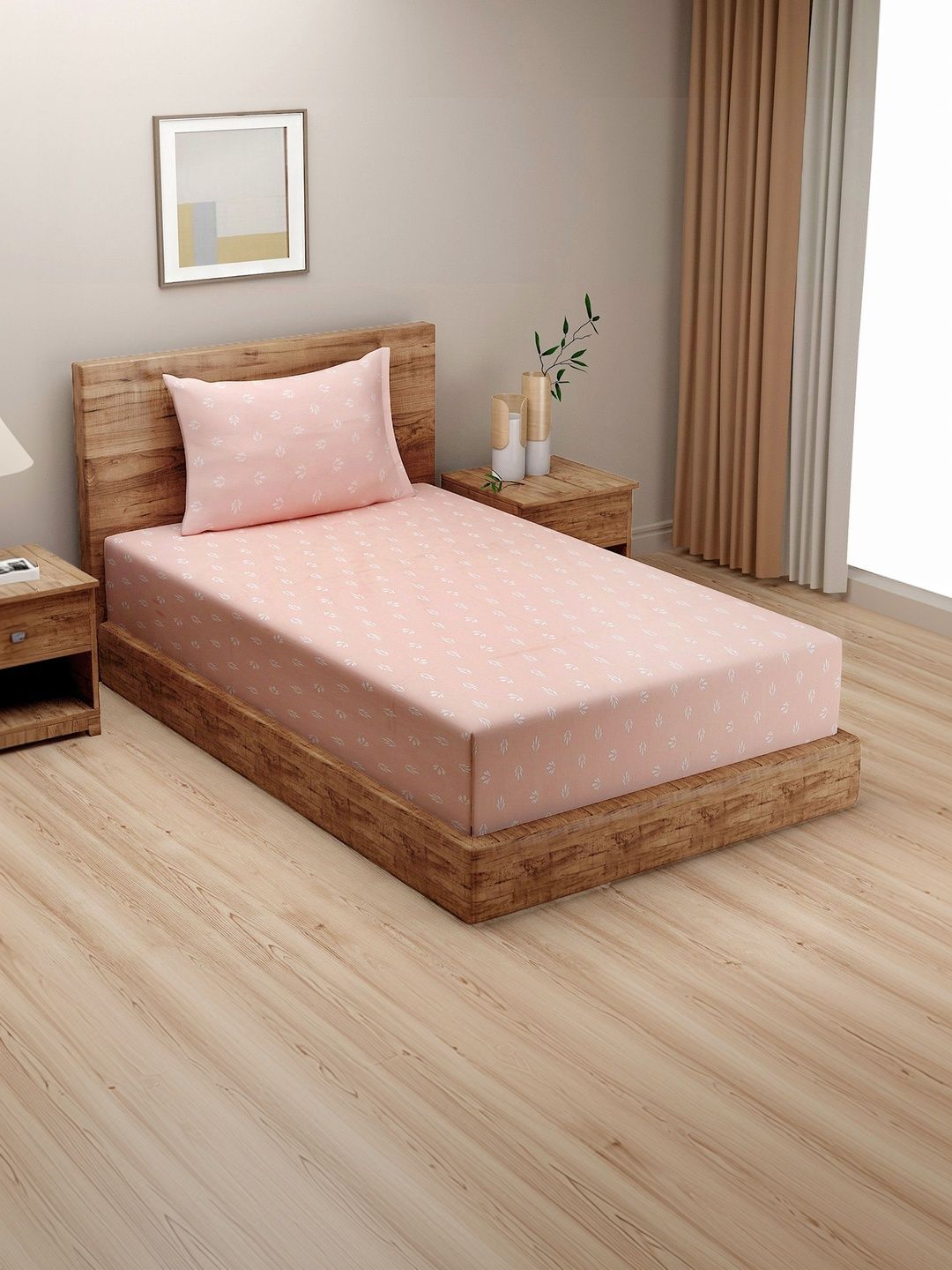 SWAYAM SWAYAM Peach-Coloured 250 TC Single Bedsheet with 1 Pillow Covers