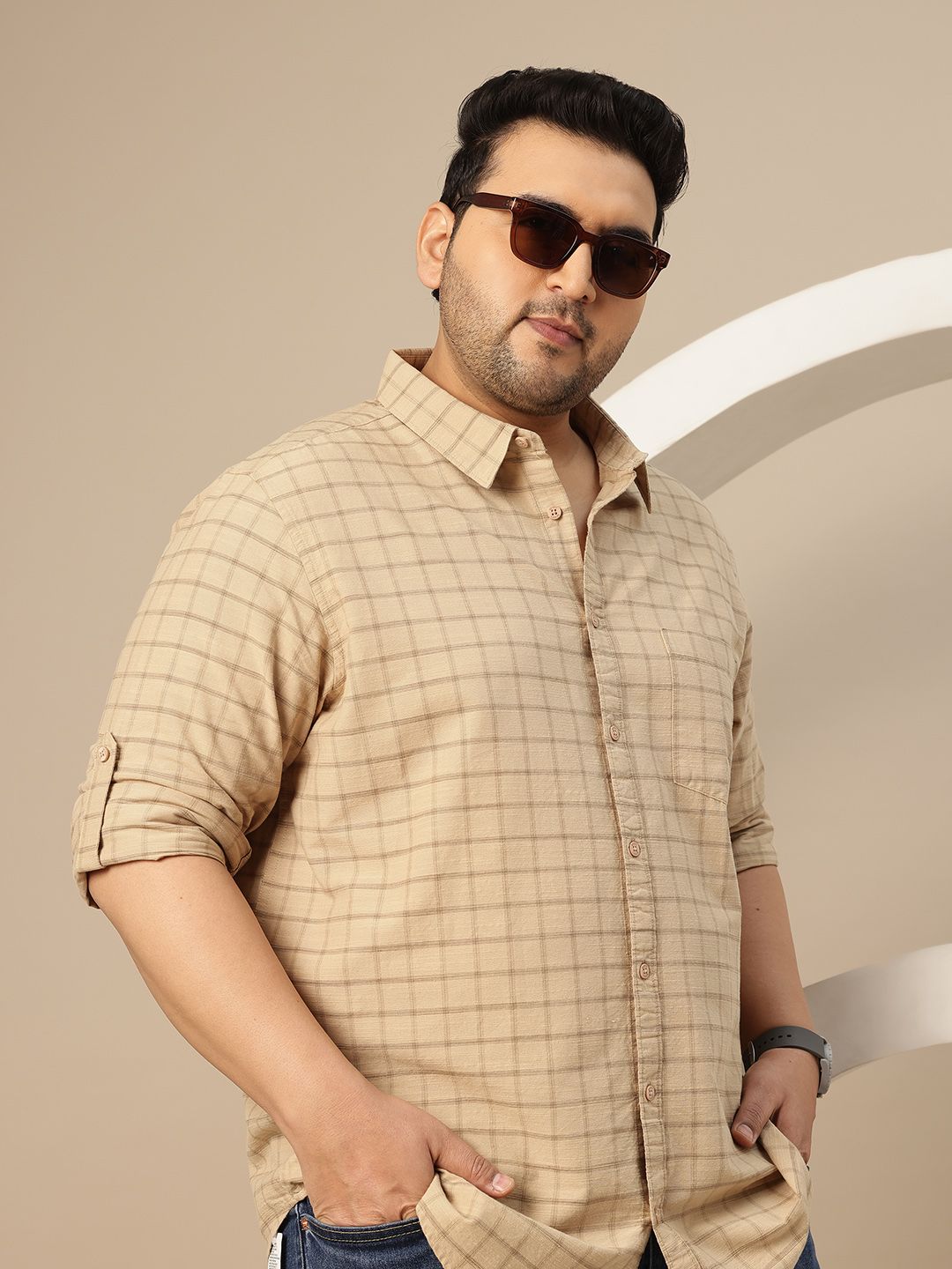 Sztori Plus Size Checked Cotton Linen Casual Shirt