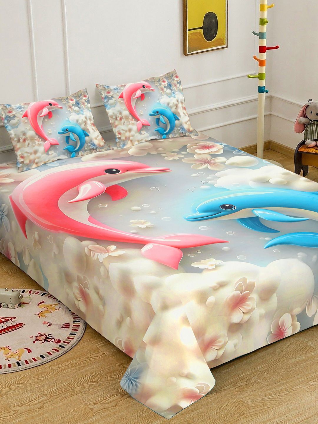 KLOTTHE Grey & Pink Cartoon Printed Fitted 7D 400 TC Double King Bedsheet With 2 Pillow Cover