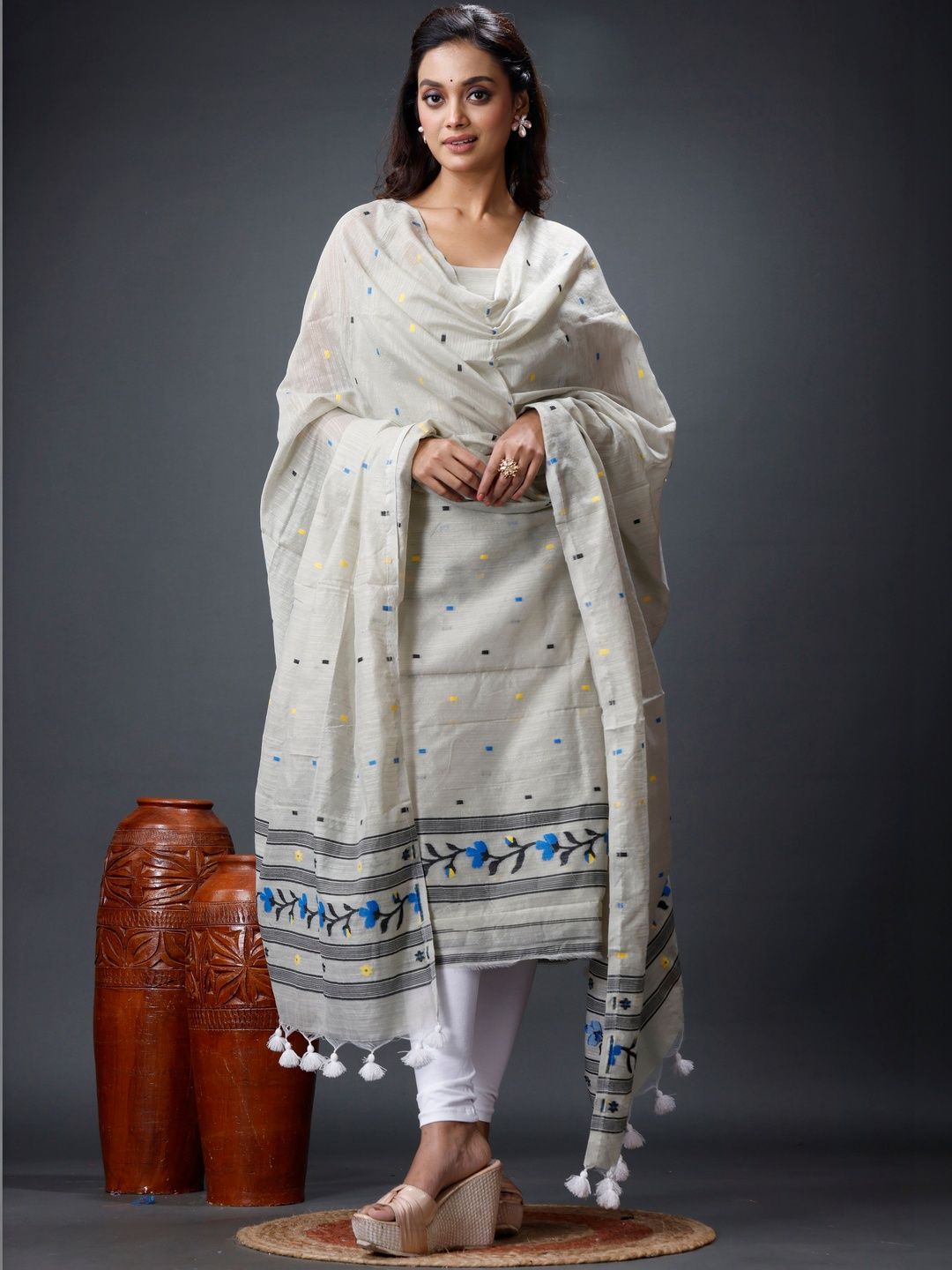 oishani saree ghor Embroidered Pure Cotton Unstitched Dress Material