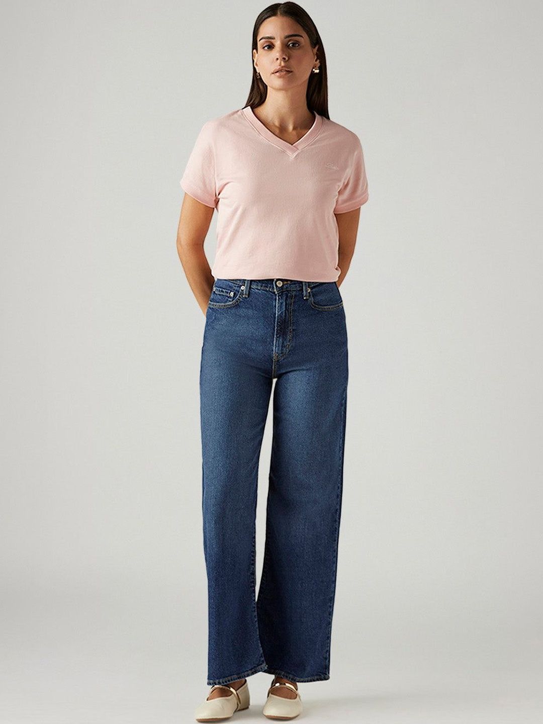 Blue Ribcage Wide Leg Fit High Rise Jeans