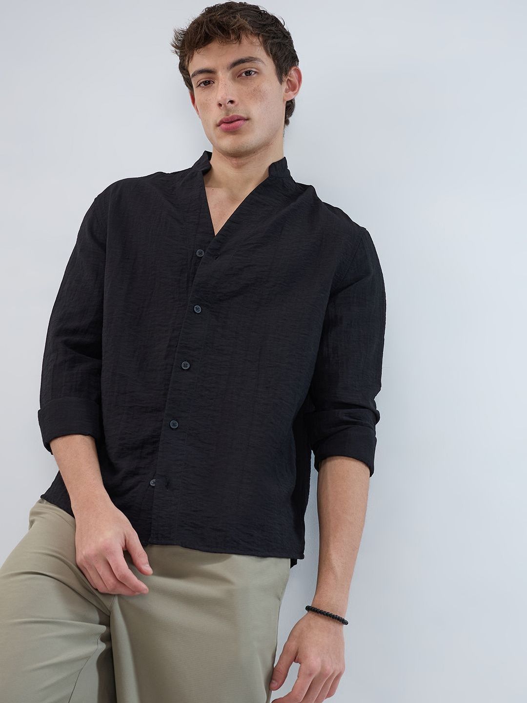 VASTRADO Ink Black Textured Stand Collar Oversized Shirt