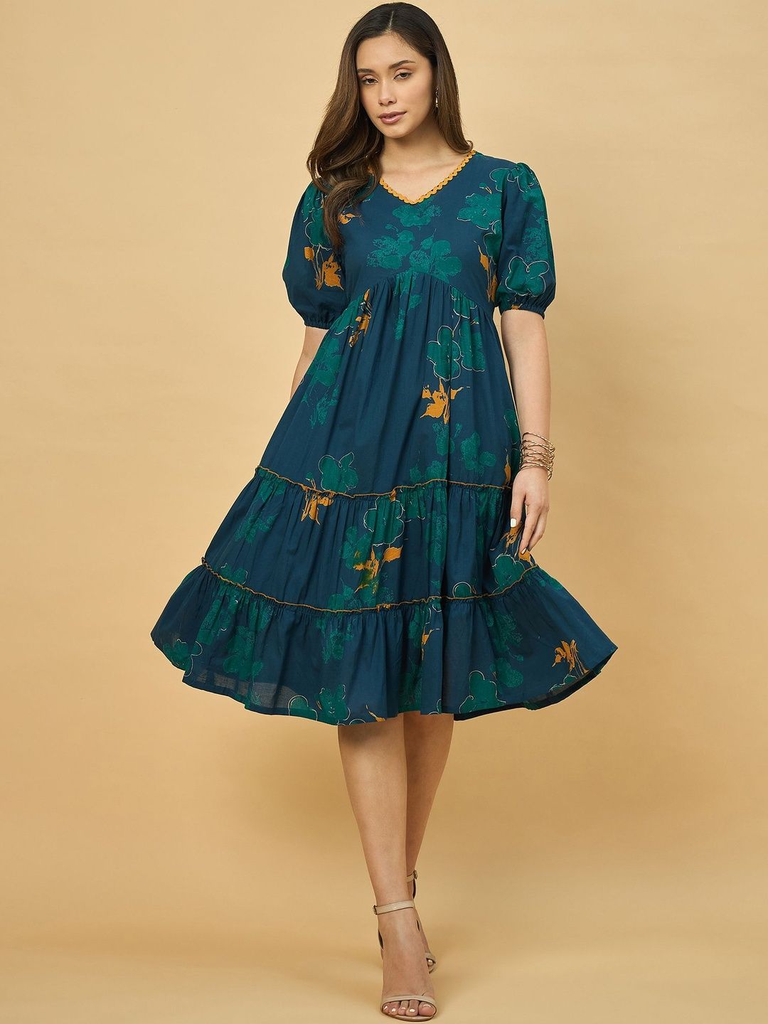 Azira Floral Print Puff Sleeve A-Line Cotton Ethnic Dress