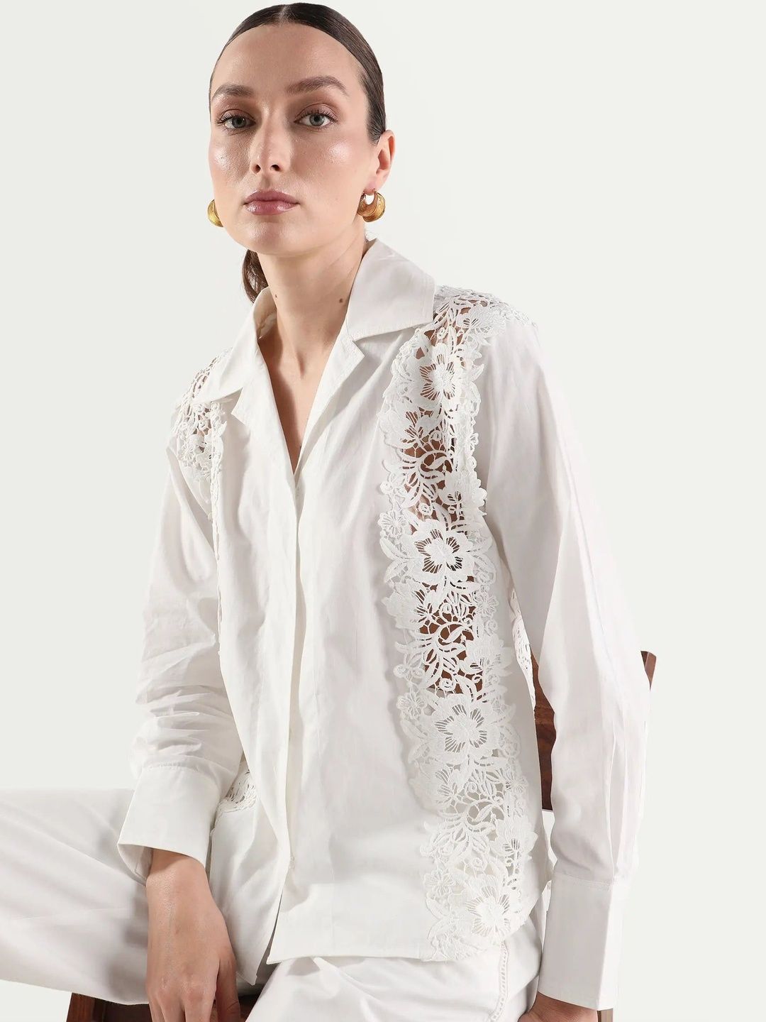 Women Mysa-T Shirt RAREISM Women Off White Relaxed Plain Full Sleeve Lapel Neck Shirt