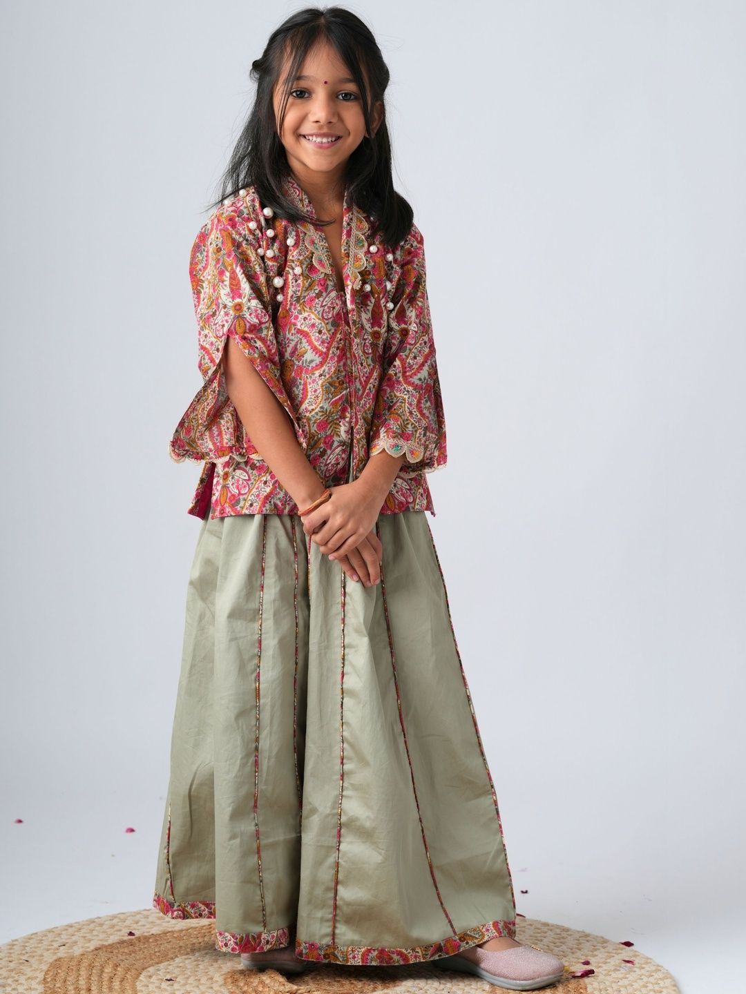 Peekaaboo Kids Girls Ethnic Motifs Printed Regular Beads and Stones Pure Cotton Kurti with Palazzos