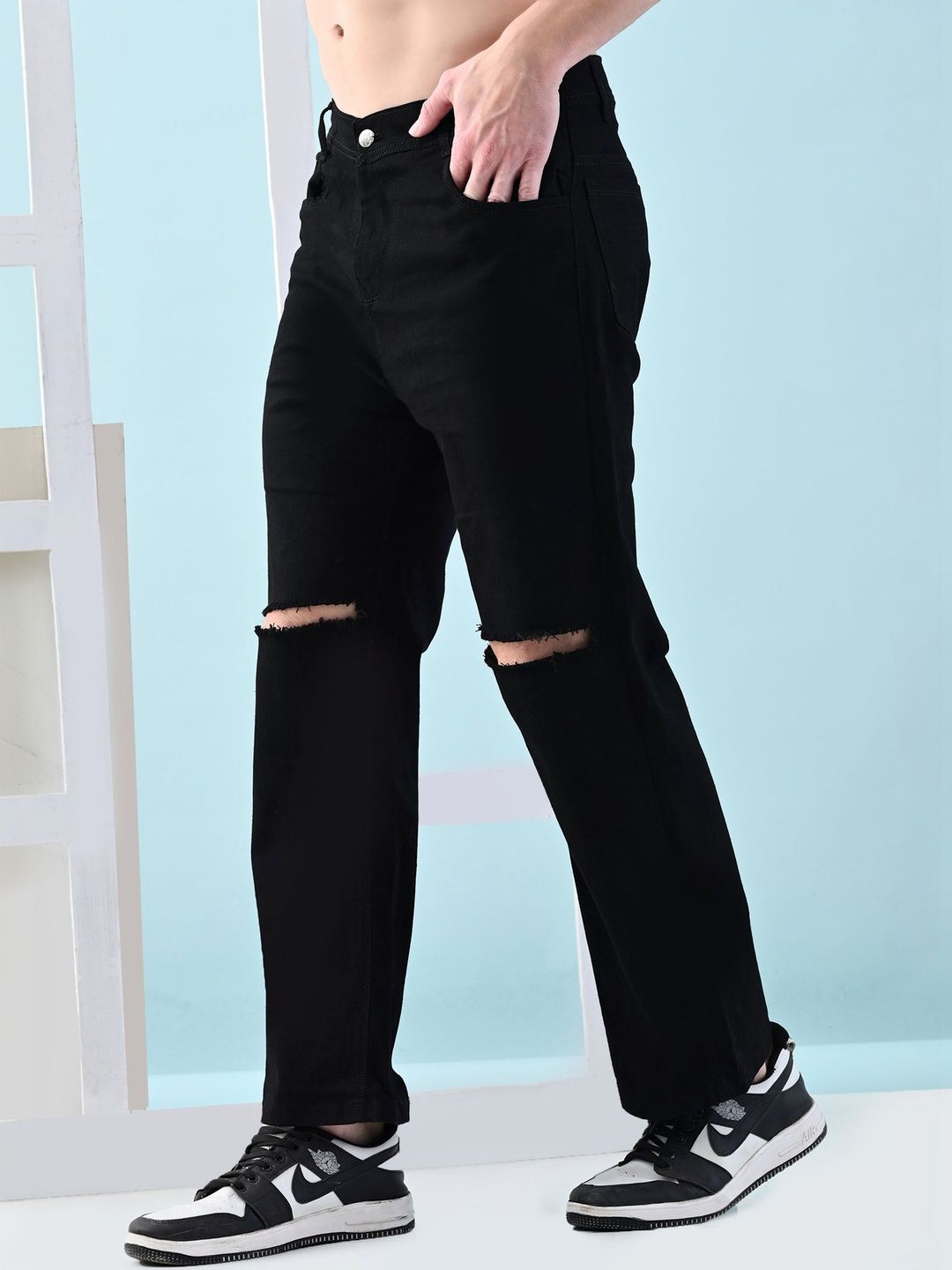HERE&NOW Men Classic Straight Fit Highly Distressed Stretchable Jeans