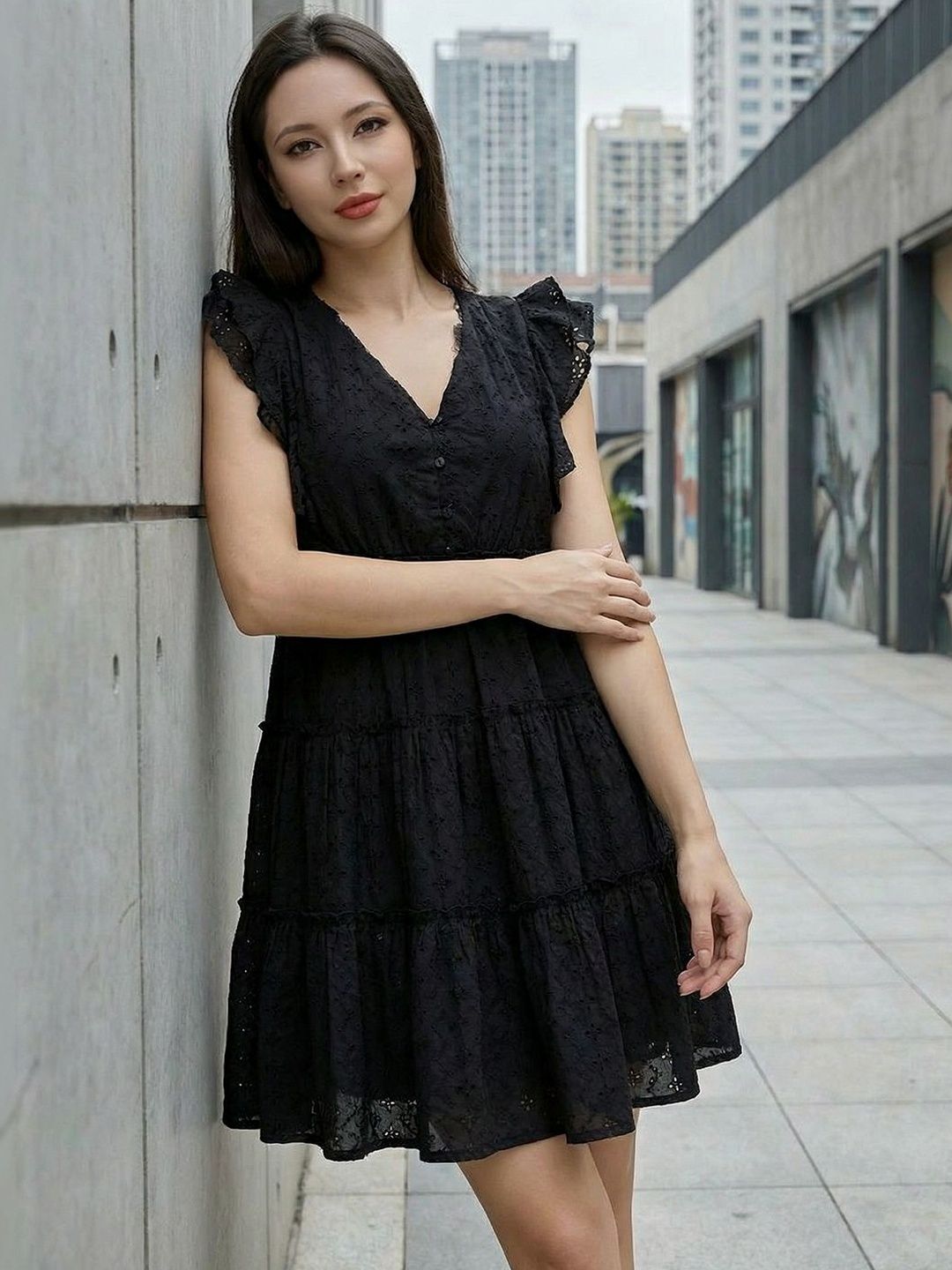 ZUMMER Flutter Sleeve Ruffled Fit & Flare Mini Dress