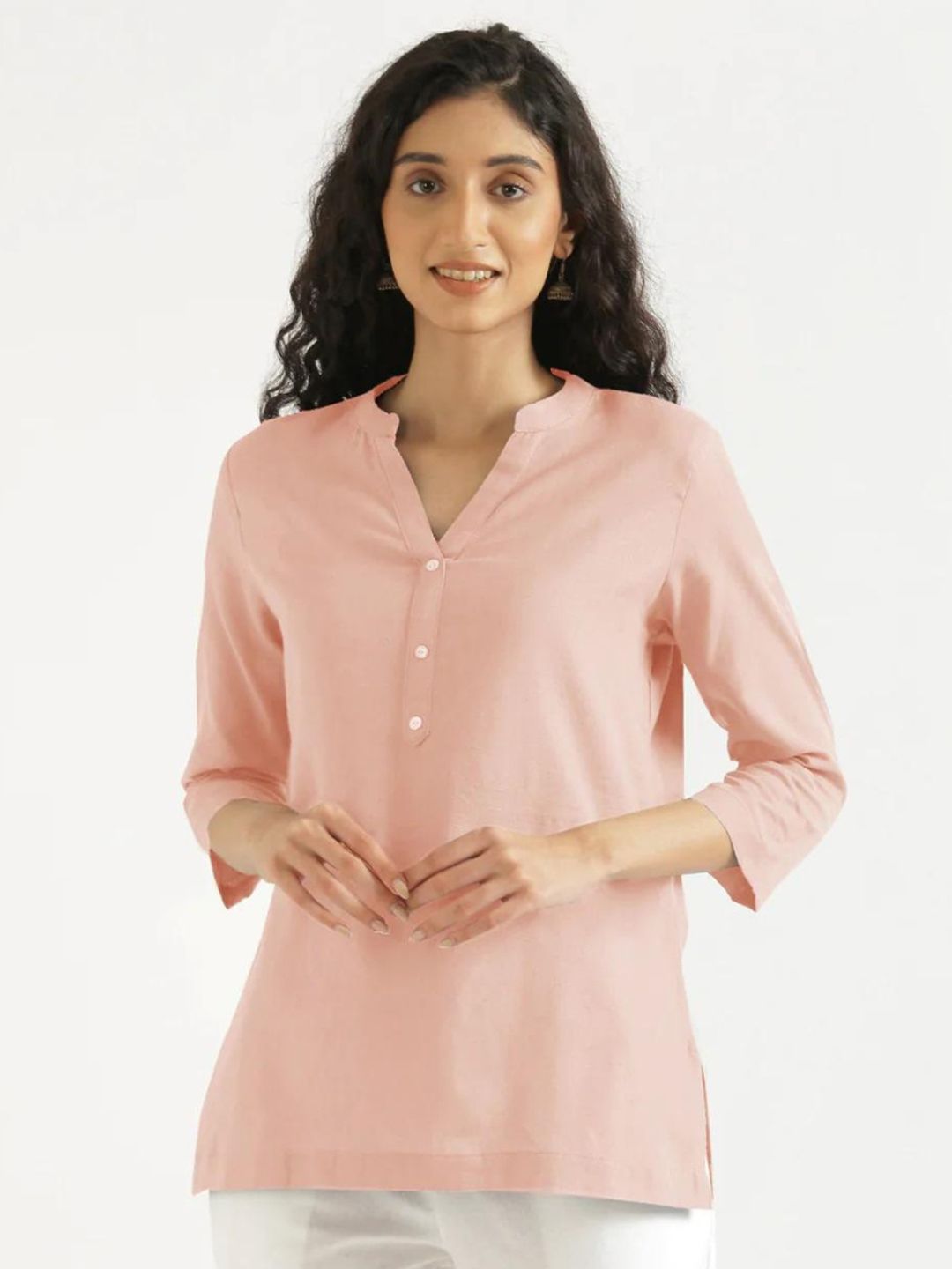 SAADAA Mandarin Collar Cotton Linen Straight Kurti