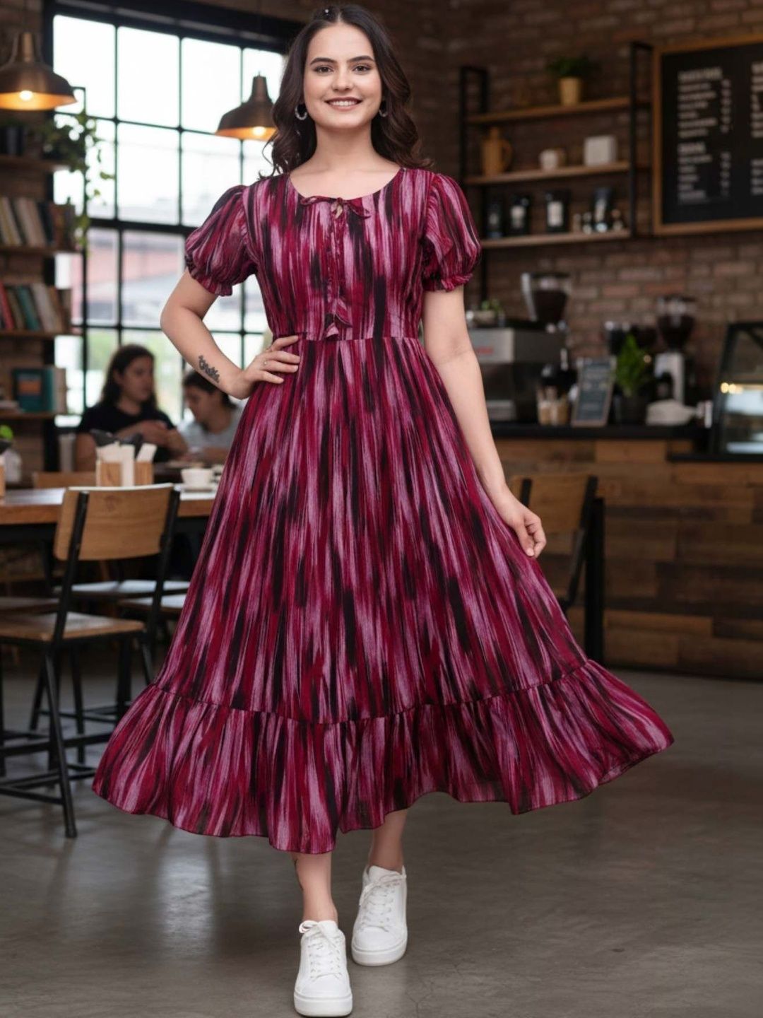 QENA Print Puff Sleeve Georgette A-Line Midi Dress