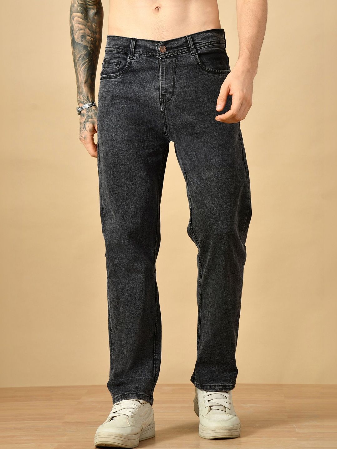 HERE&NOW Men Classic Relaxed Fit Mid-Rise Light Fade Stretchable Jeans