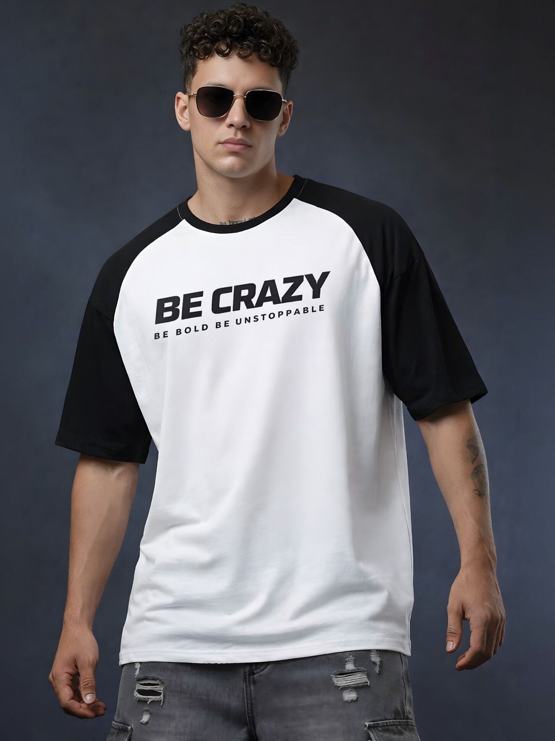 Be Crazy Men Typography Colourblocked T-shirt