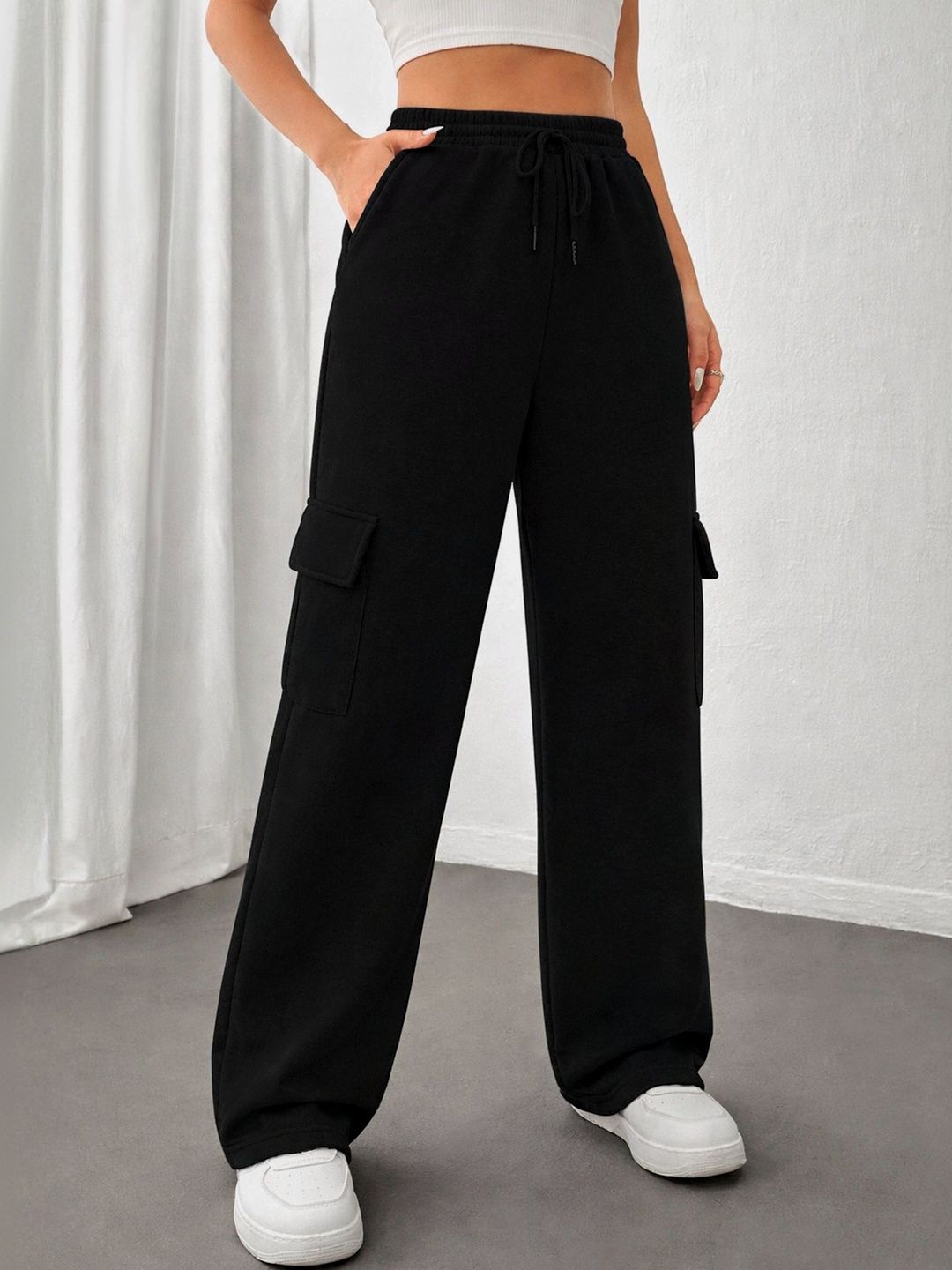 Stylecast X Slyck Stylecast X Slyck Women Solid High-Rise Straight Fit Drawstring Cargo Trousers
