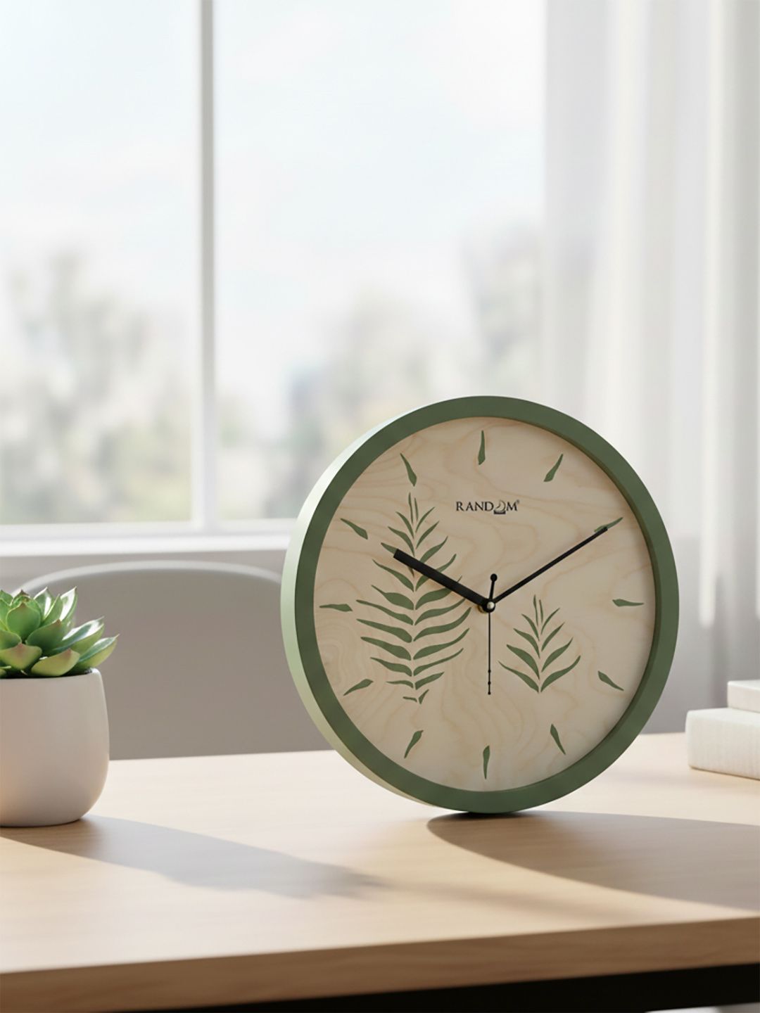 RANDOM RANDOM Pines leaf Green Wood Large Display Round Battery Analogue Wall Clock-30.5cm