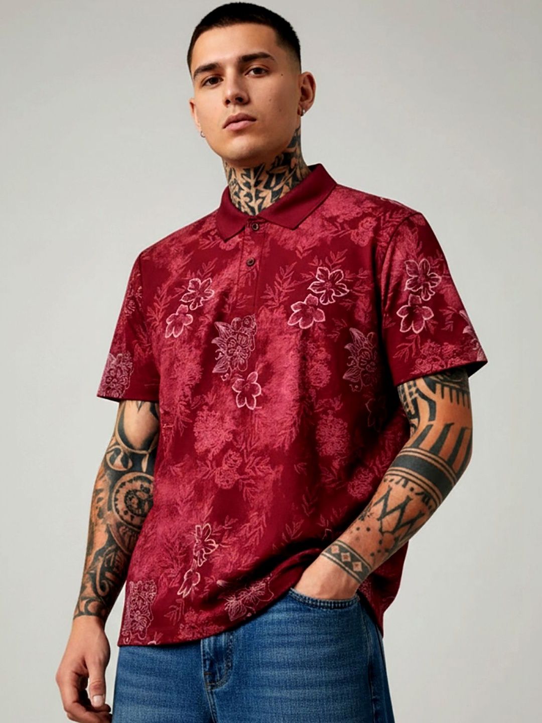 glitchez Men Floral Printed Polo Collar T-shirt
