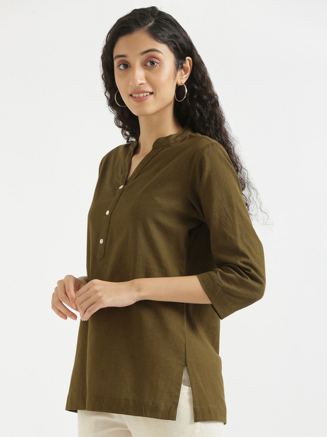 SAADAA Mandarin Collar Cotton Linen Straight Kurti