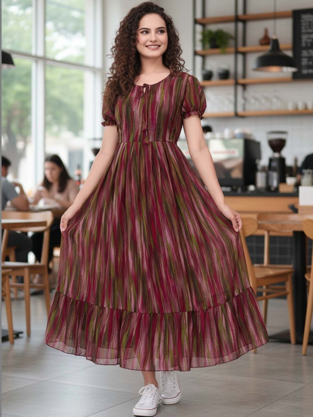 QENA Striped Puff Sleeve Georgette A-Line Midi Dress