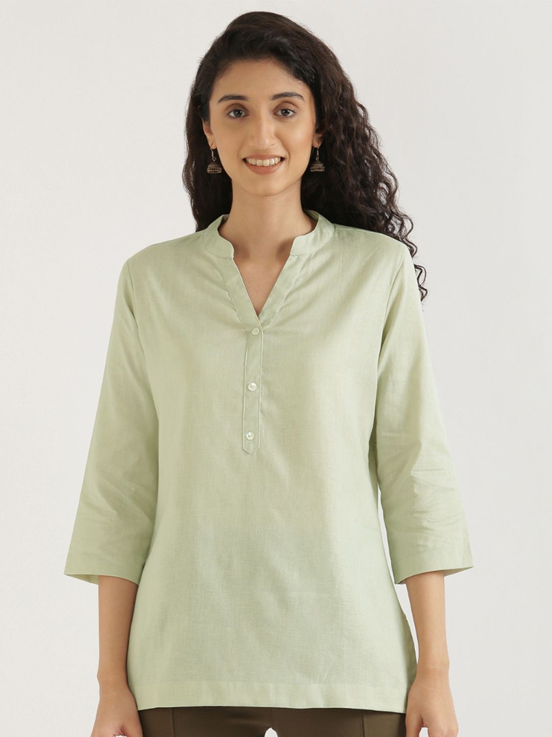 SAADAA Mandarin Collar Cotton Linen Straight Kurti