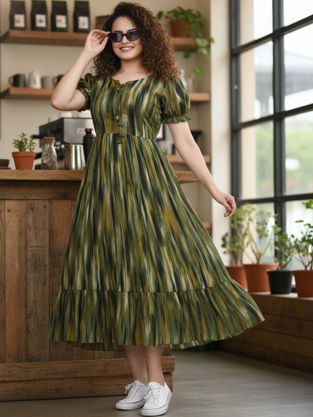 QENA Print Puff Sleeve Georgette A-Line Midi Dress