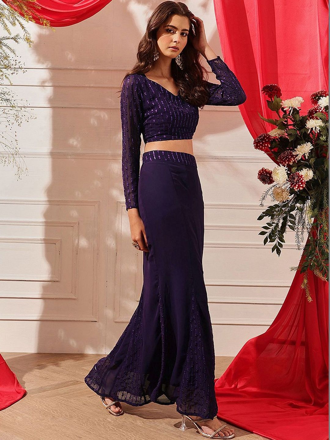 indo street Embellished Sequinned Ready to Wear Lehenga & Blouse With Dupatta