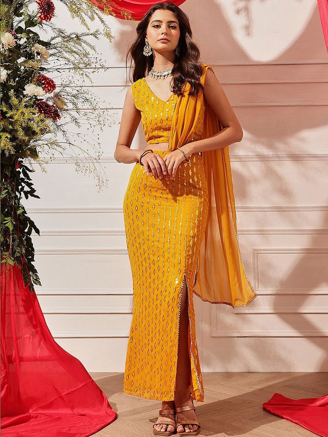 indo street Embellished Sequinned Ready to Wear Lehenga & Blouse With Dupatta