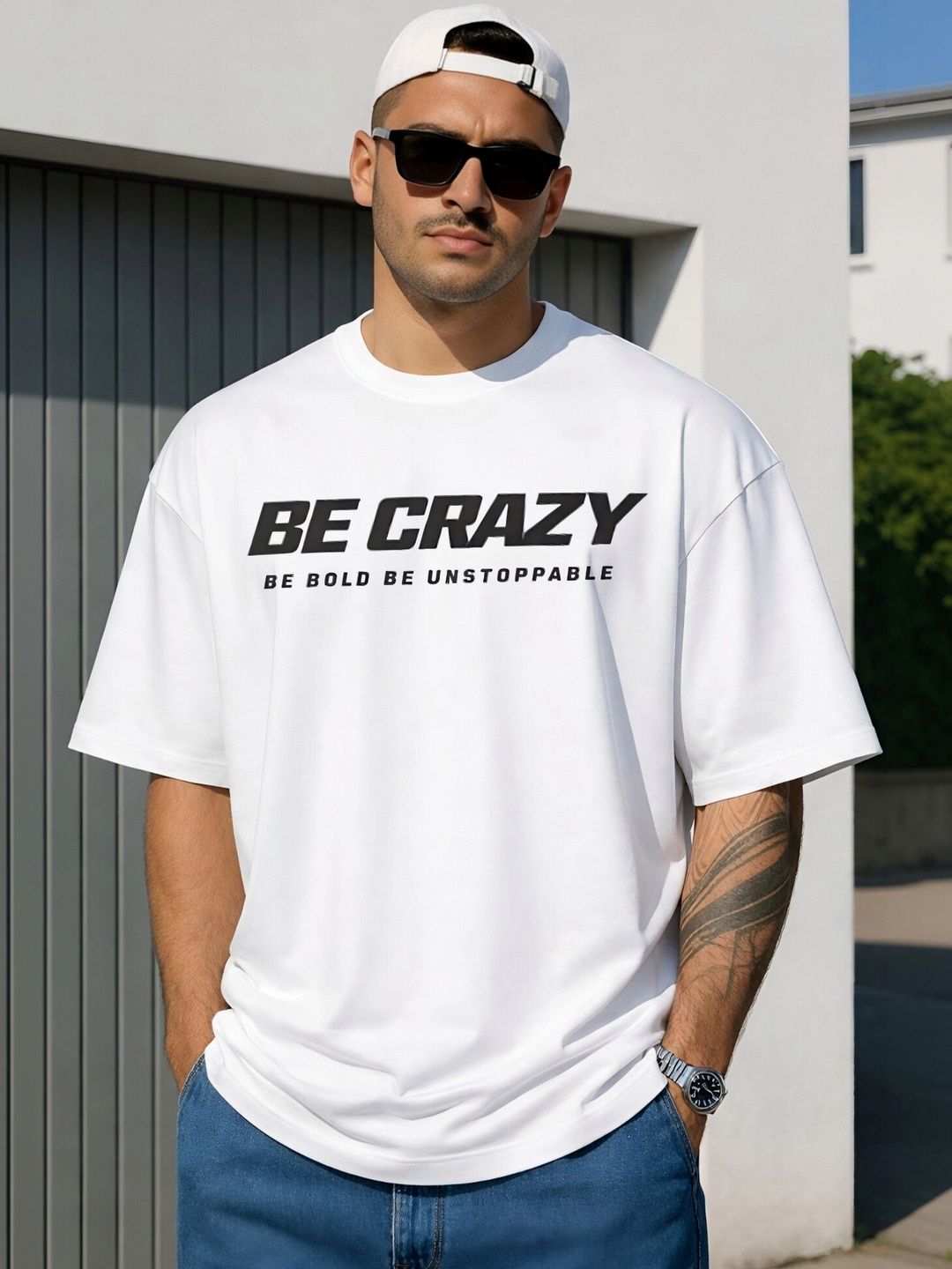 Be Crazy Men Typography Printed Drop-Shoulder Sleeves T-shirt
