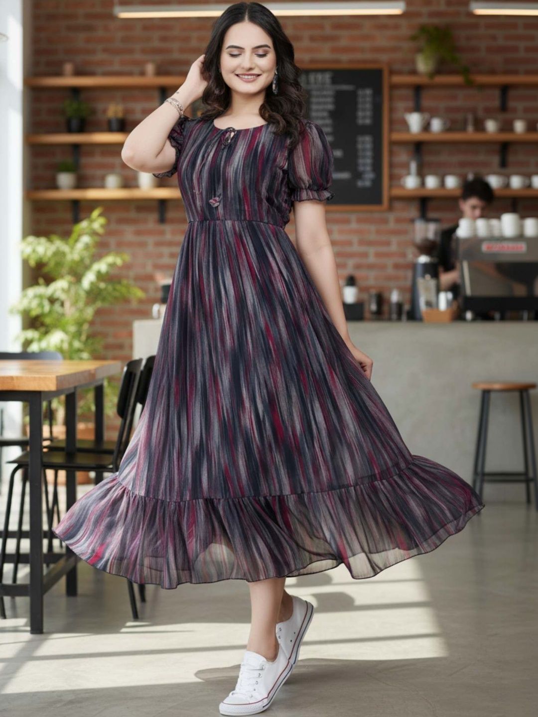 QENA Print Puff Sleeve Ruffled Georgette A-Line Midi Dress