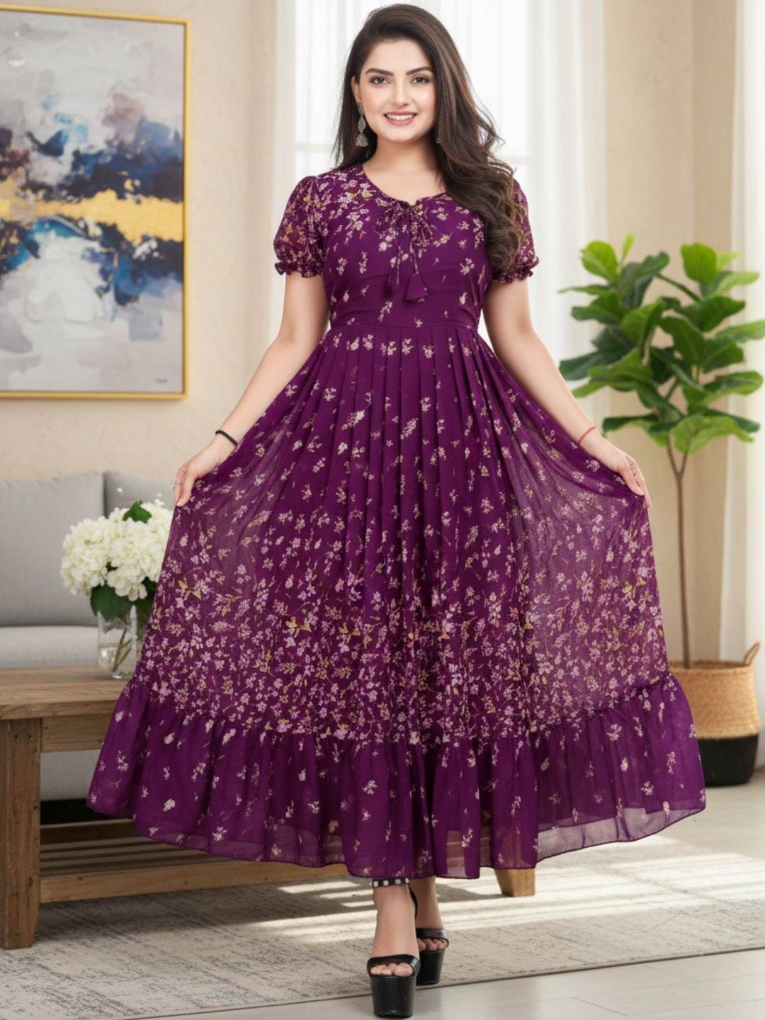 QENA Floral Print Puff Sleeve Georgette A-Line Maxi Dress