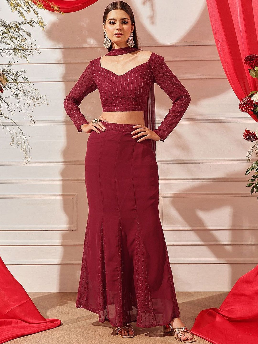 indo street Embellished Sequinned Ready to Wear Lehenga & Blouse With Dupatta