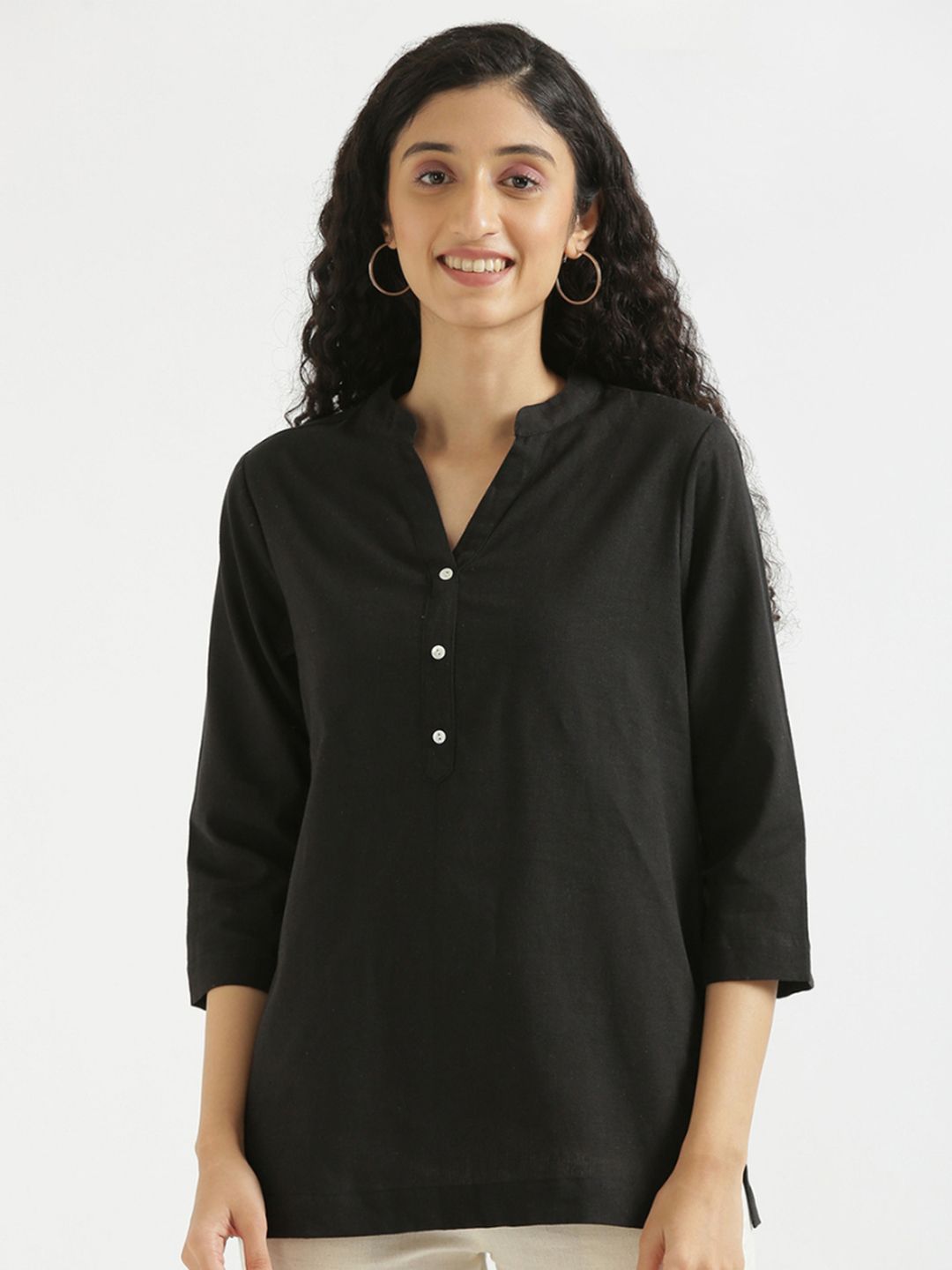 SAADAA Mandarin Collar Cotton Linen Straight Kurti