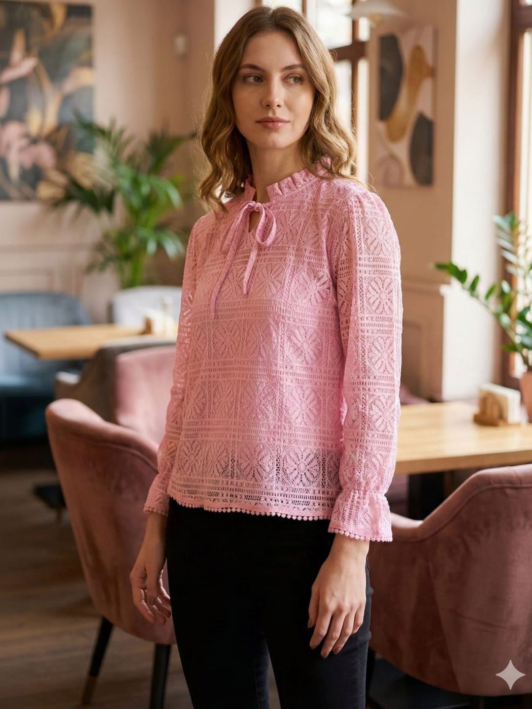 Buy CLILUXE Tie-Up Neck Ruffles Net Top - Tops for Women 39765709