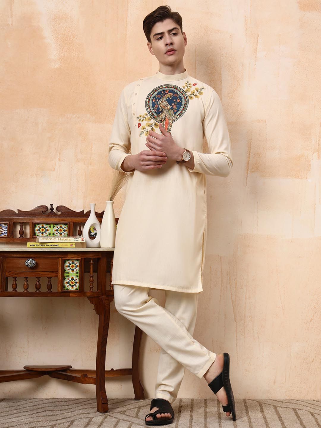 DEVOILER Beige Floral Printed Regular Cotton Straight Kurta