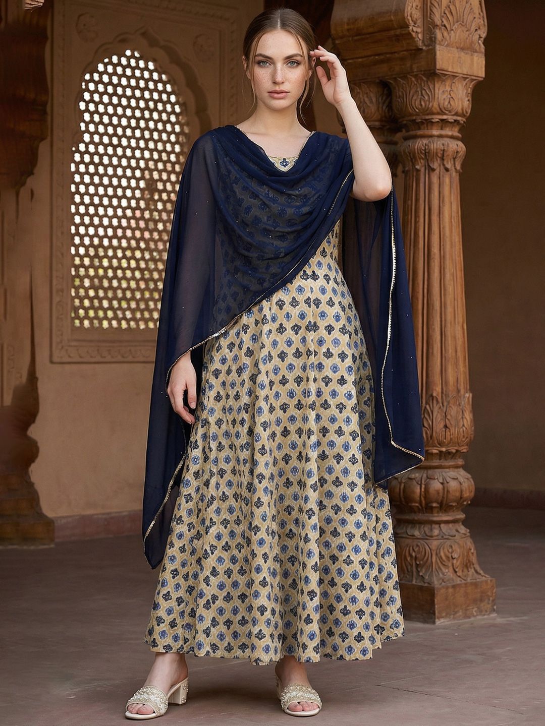 AURELIA AURELIA Ethnic Motifs Printed A-line Maxi Ethnic Dress With Attached Dupatta