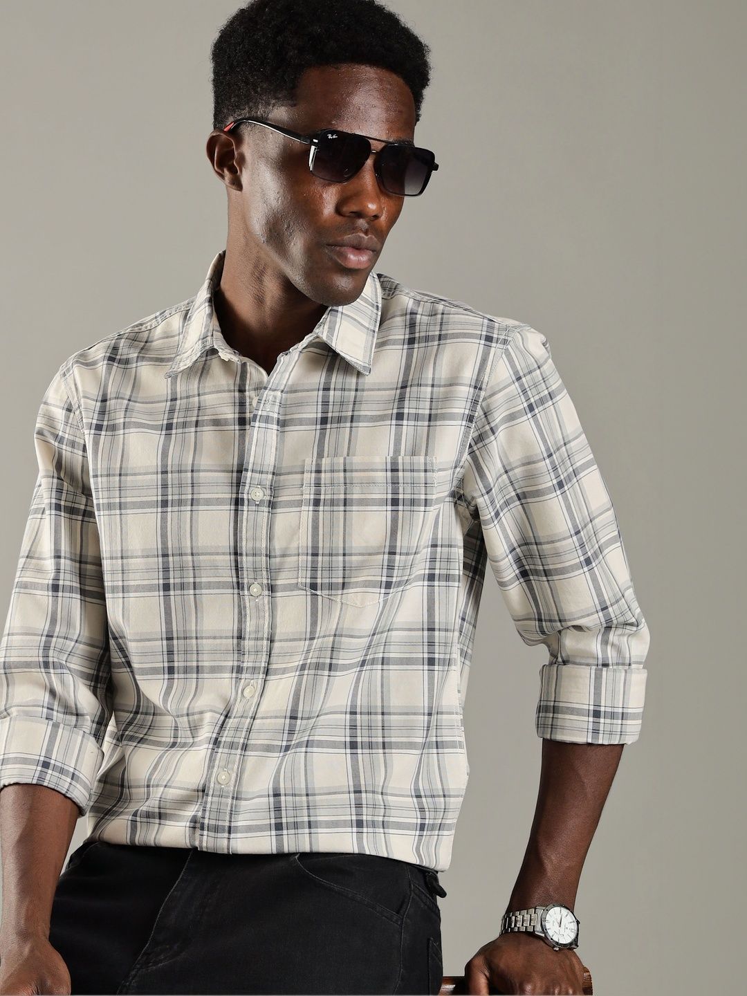 HERE&NOW Men Windowpane Checks Checked Casual Shirt
