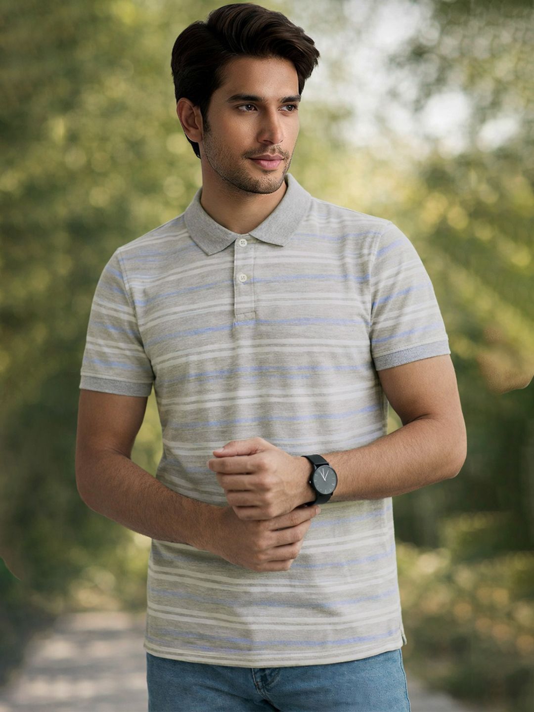 The Roadster Lifestyle Co Striped Cotton Polo T-shirt