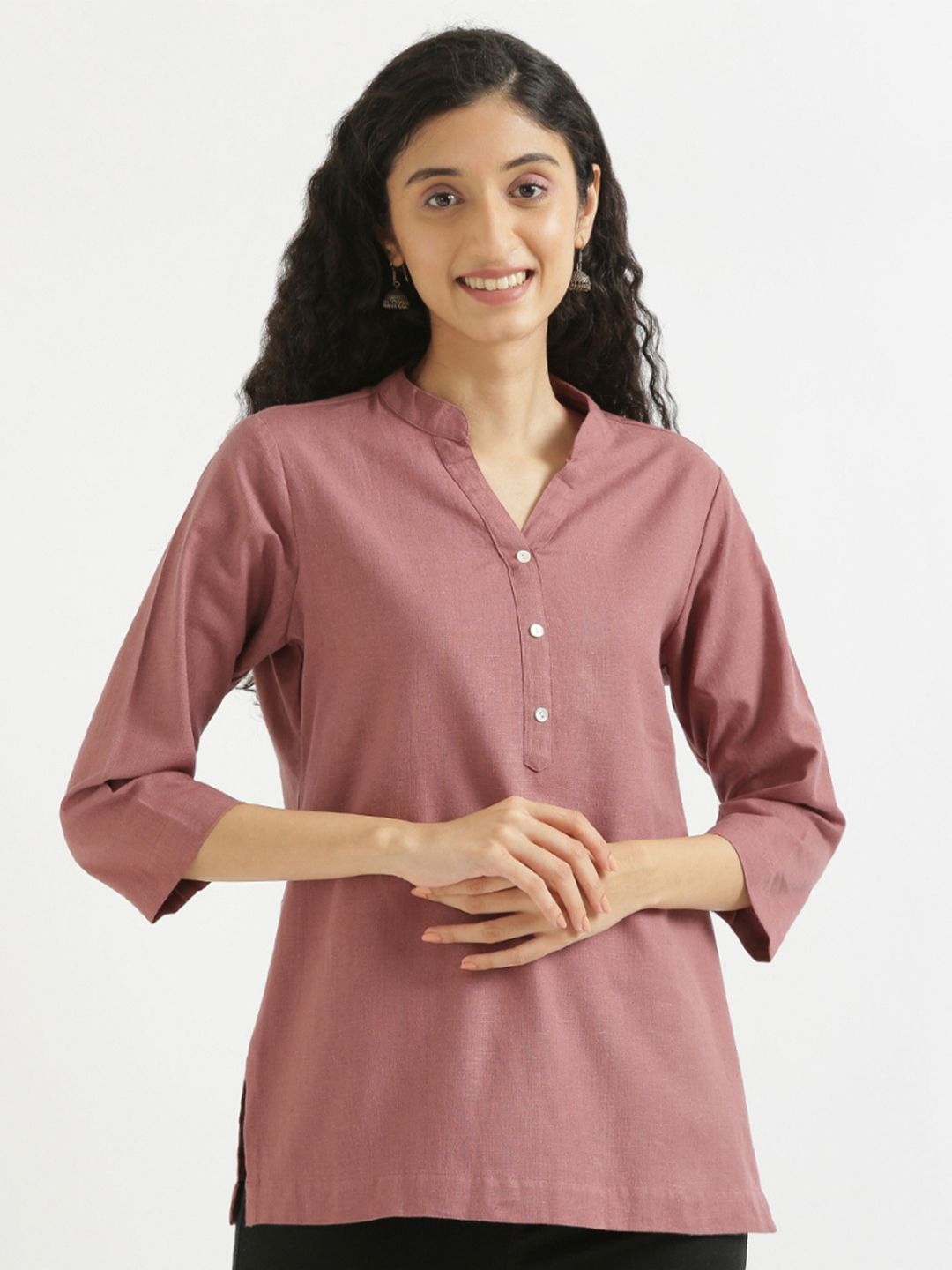 SAADAA Mandarin Collar Cotton Linen Straight Kurti