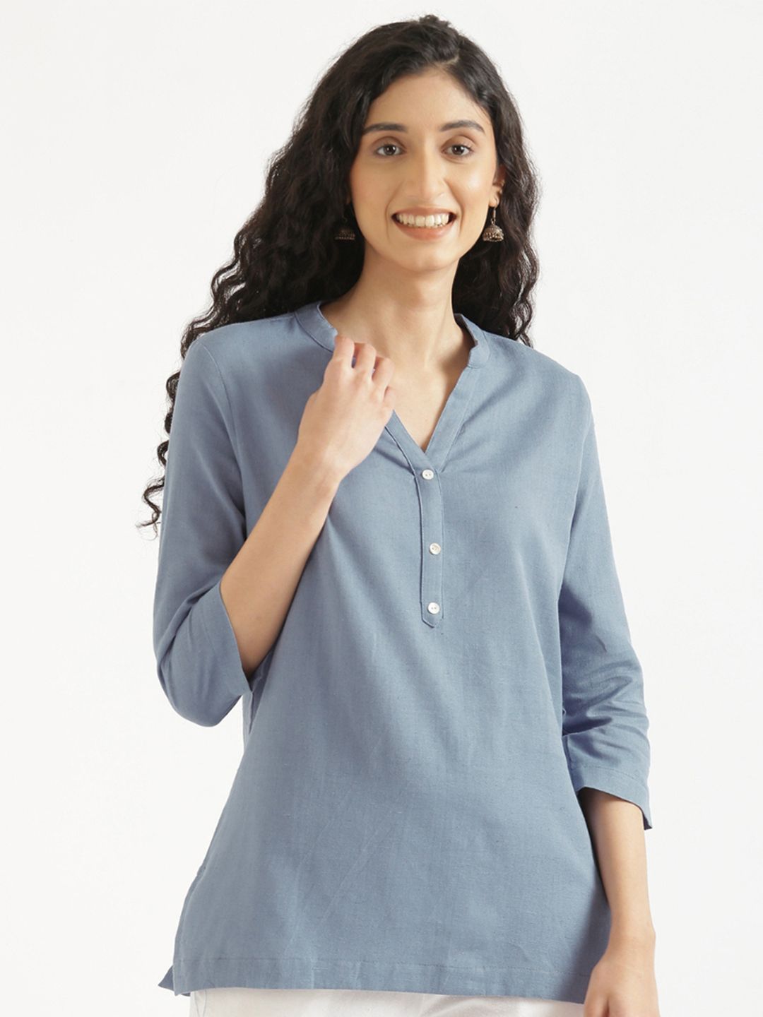SAADAA Mandarin Collar Cotton Linen Straight Kurti