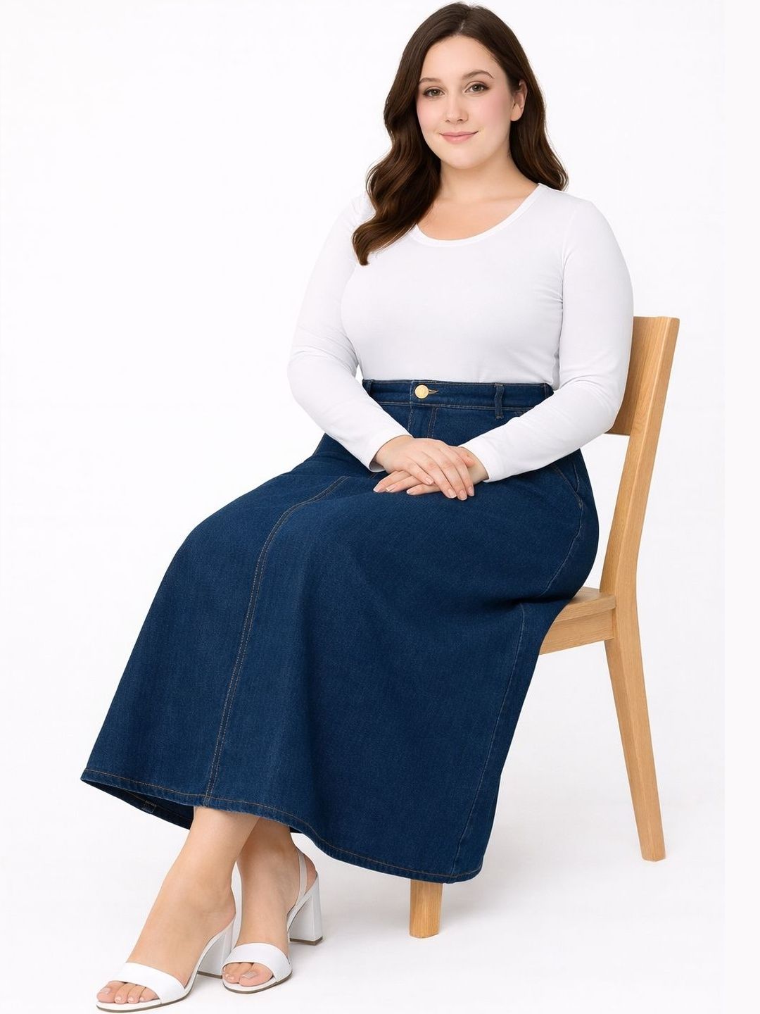 Tripursundari Fashion Denim Mid-Waist A-Line Maxi Skirt