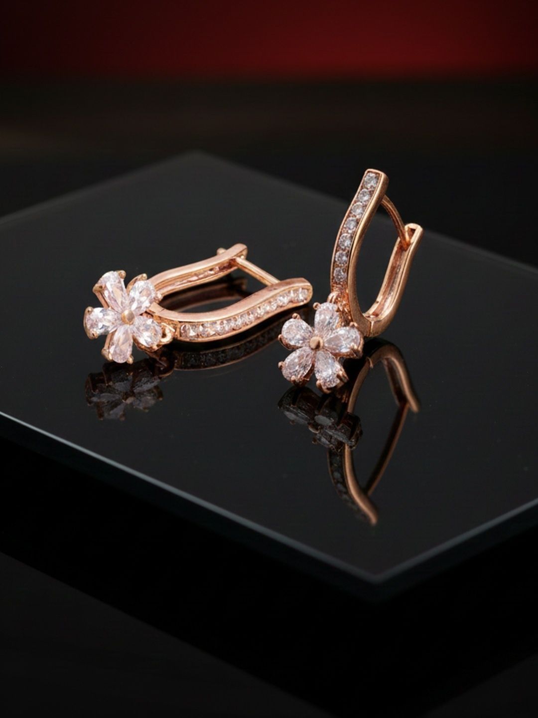 SUGARFRILL Rose Gold Plated American Diamond Floral Hoop Earrings