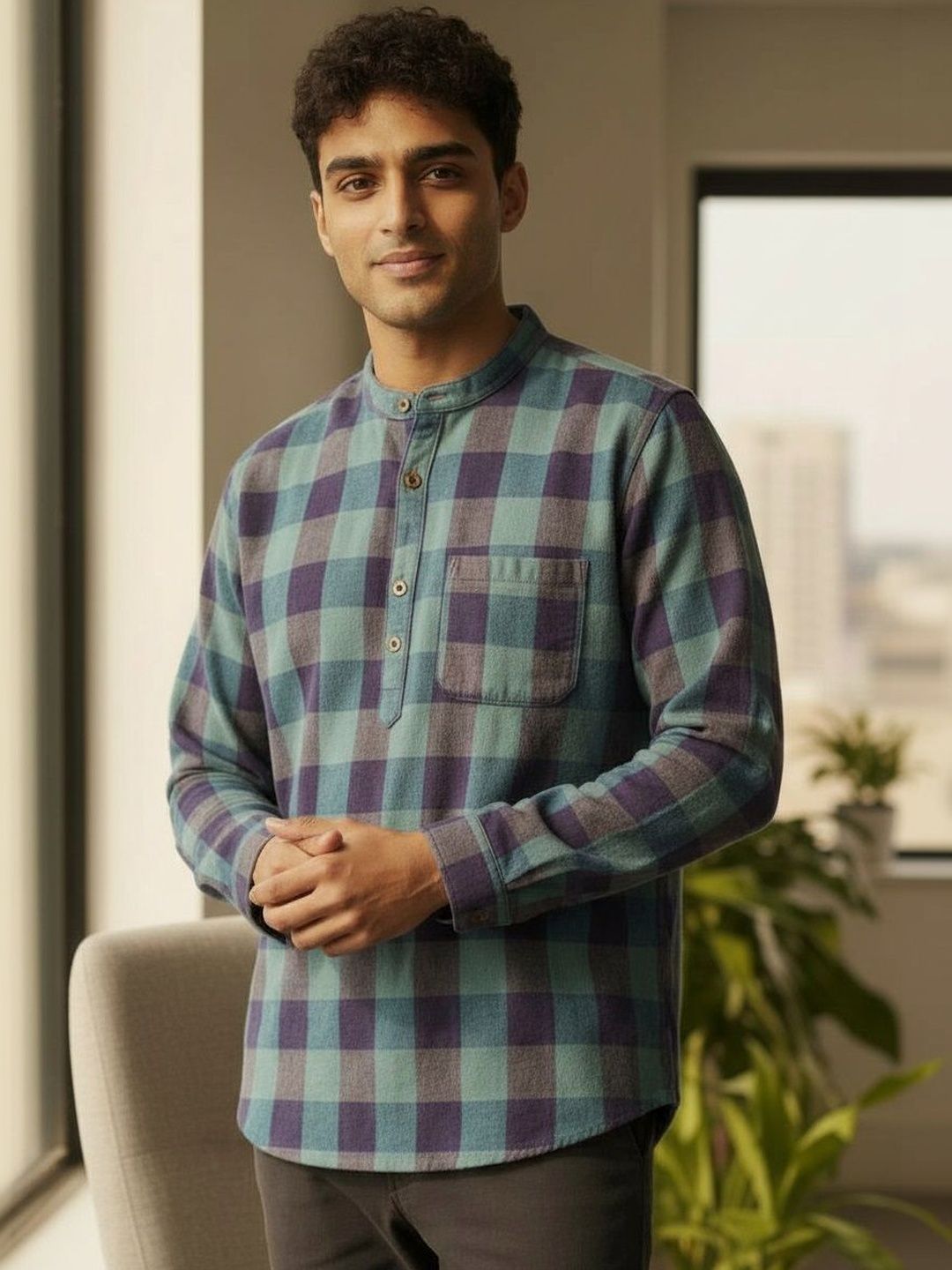 Cot'N Soft Men Checked Thread Work Kurta