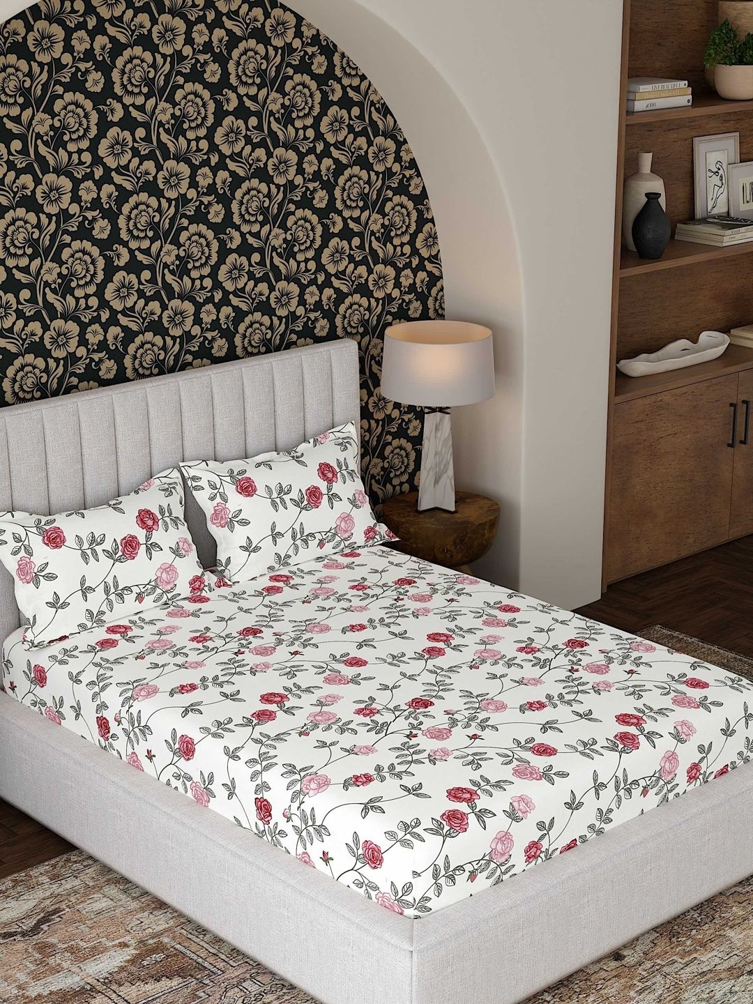 Pure Decor Pure Decor White & White Floral Queen Bedsheet with 2 Pillow Covers
