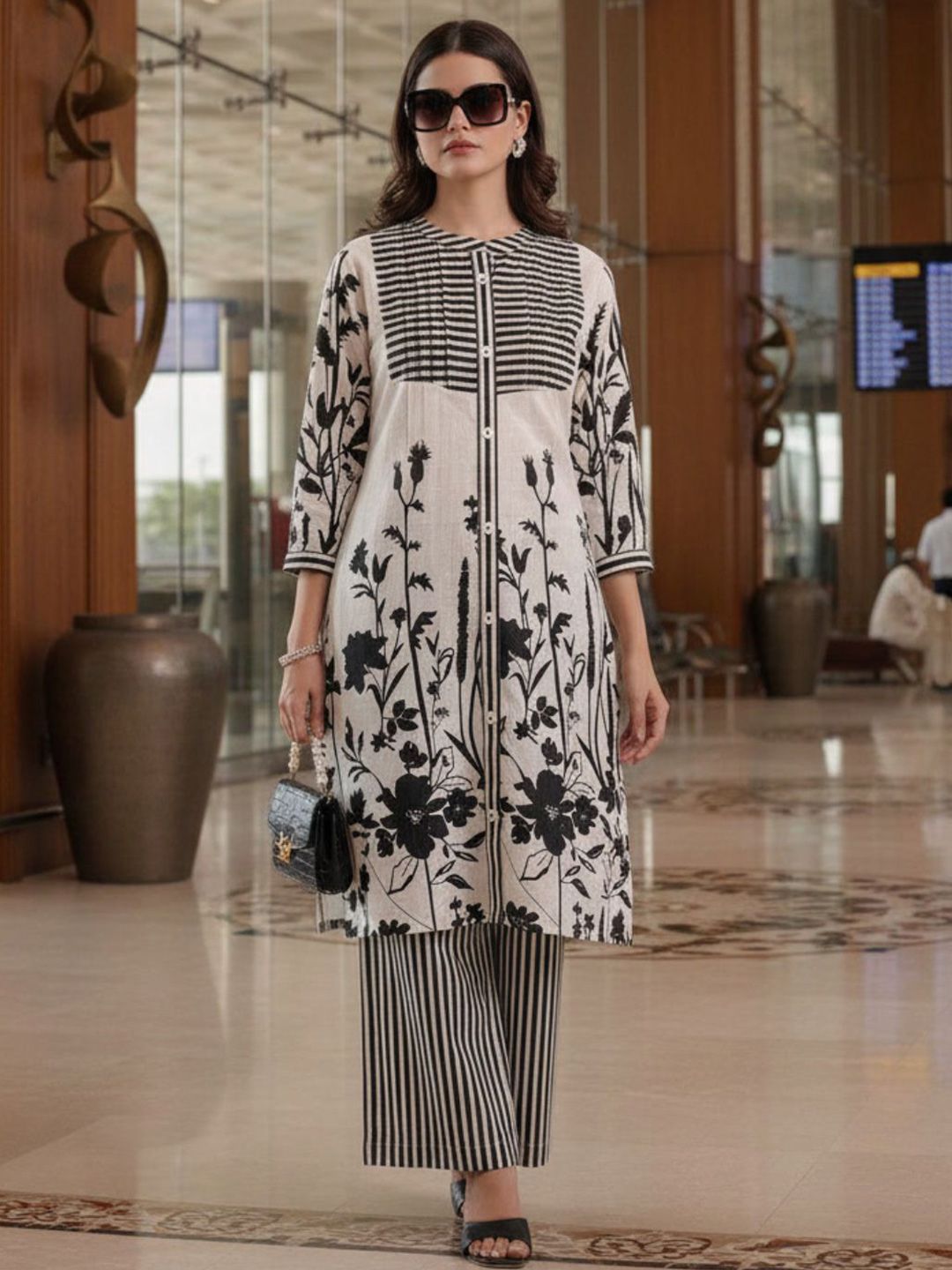 KALINI Printed Mandarin Collar Neck Tunic With Trousers Co-Ords