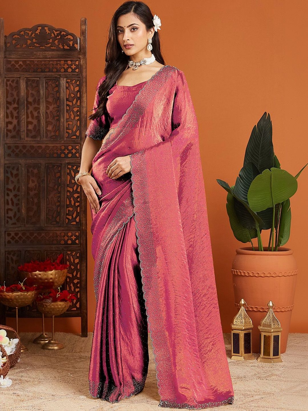 Urban Pallu Embellished Beads and Stones Organza Heavy Work Saree