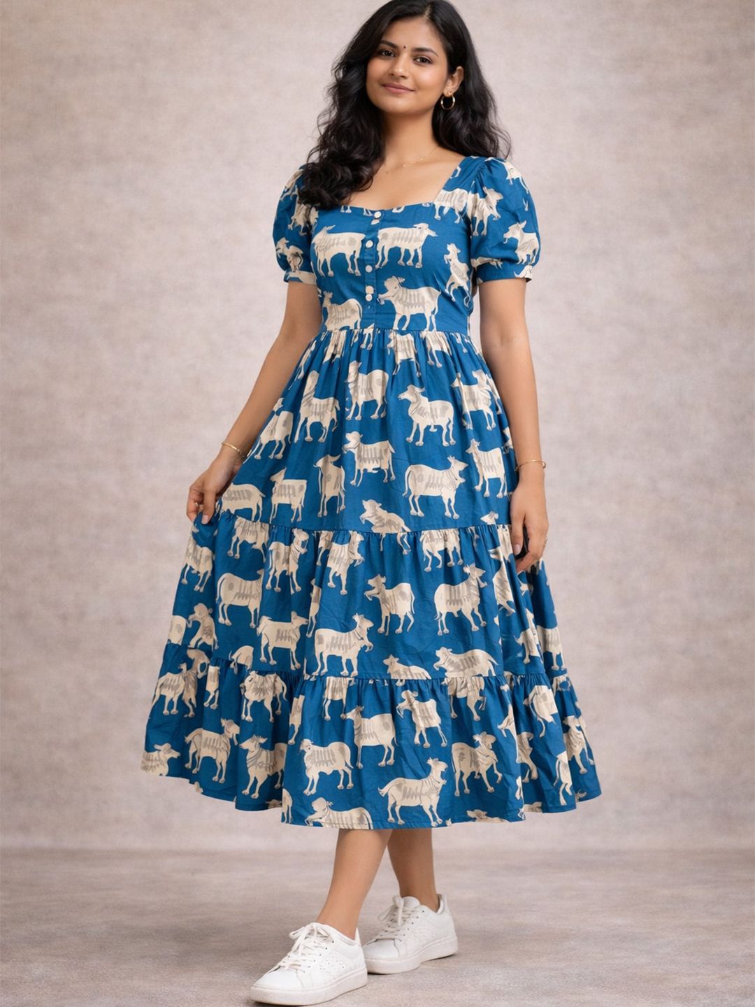 VCJ Ethnic Motifs Print Puff Sleeve Fit & Flare Midi Dress