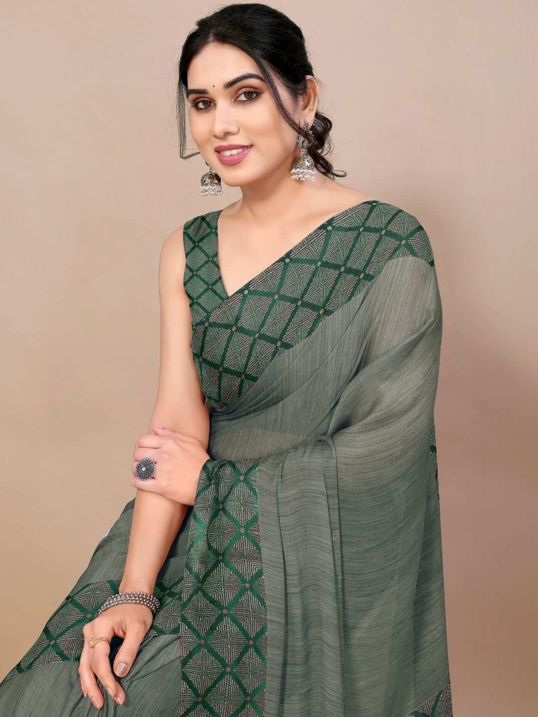 KALINI Checked Poly Chiffon Saree