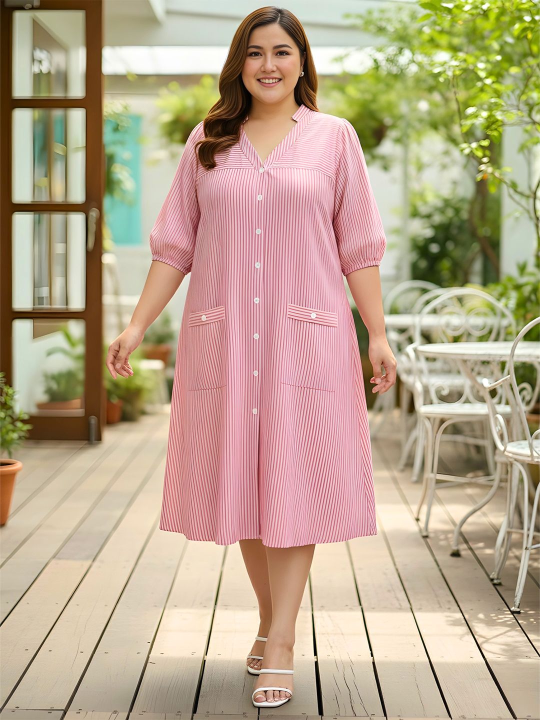 Indietoga Women Plus Size Striped Cotton A-line Midi Shirt Dress