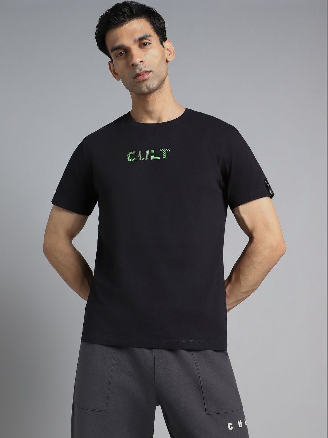 CULT Men Black Branding Printed T-shirt